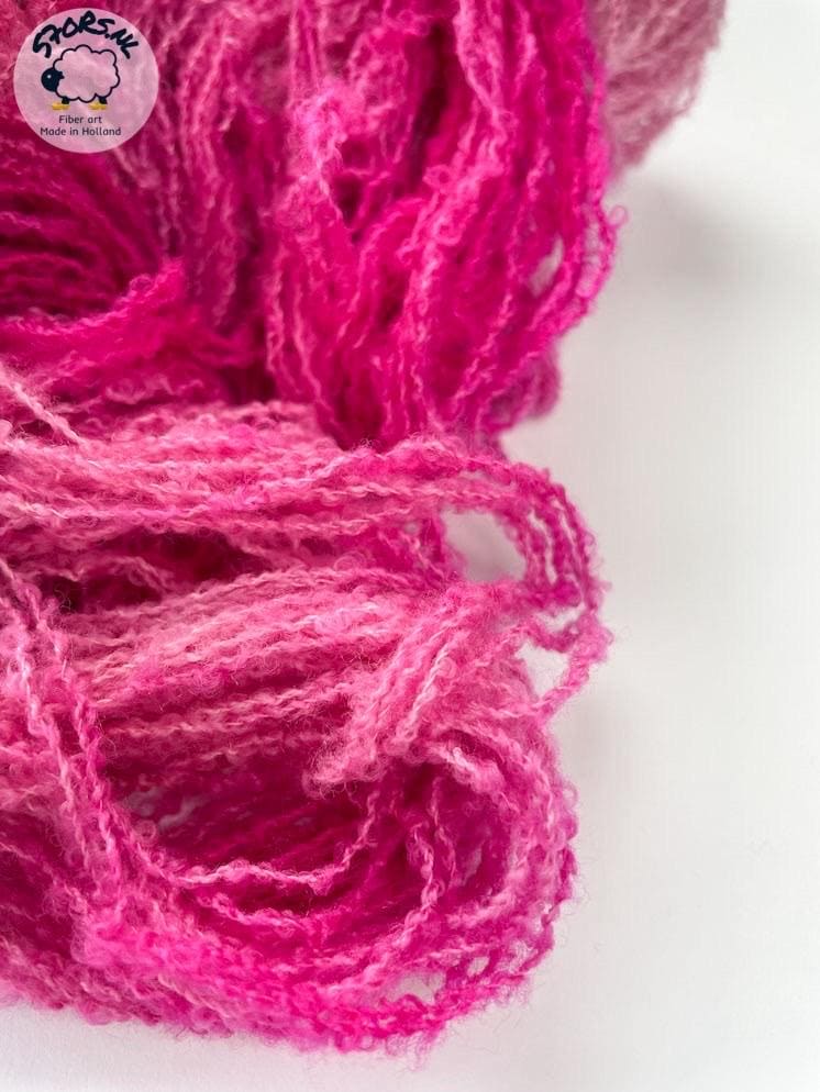 Hand dyed fine 4-ply boucle effect yarn. Super soft and fluffy ‘Raspberry beret’.