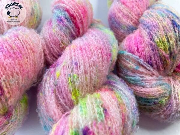 il_fullxfull.6292238395_n1dj.Jpg Hand-dyed Fine 4-Ply Bouclé Effect Yarn 'Neon Speckles'.