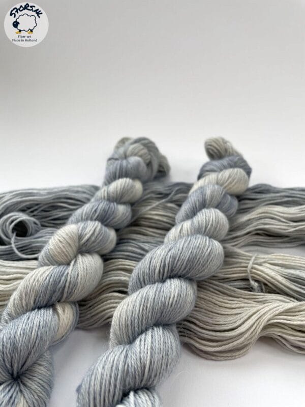 il_fullxfull.6816526780_s7i7.jpg Hand dyed superwash superfine Merino, Alpaca and mulberry silk fingering weight yarn. Ombre steel grey.