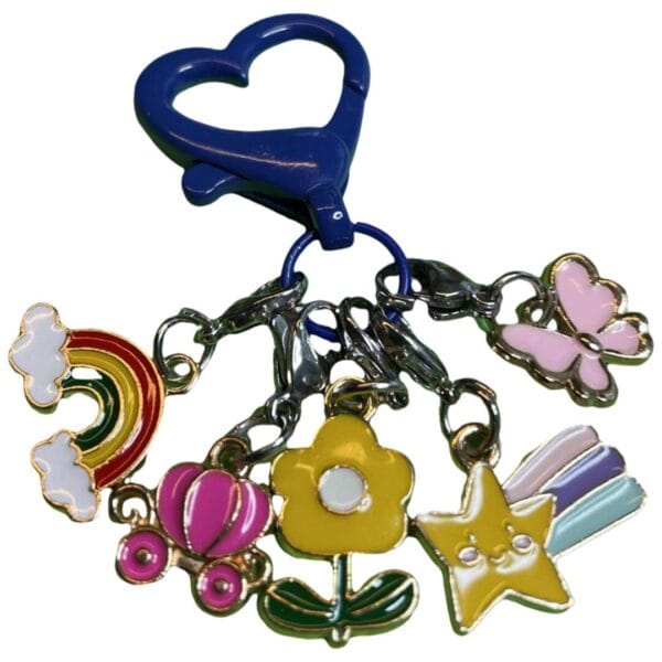 Five metal stitch markers with colorful enamel decorations.