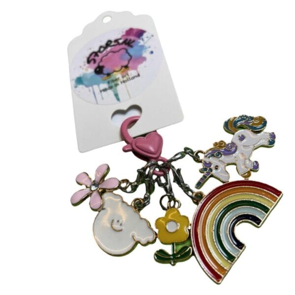Five metal stitch markers with colorful enamel decorations.