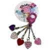 Five metal stitch markers with colorful enamel decorations.