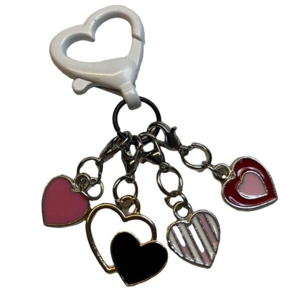 Five metal stitch markers with colorful enamel decorations.