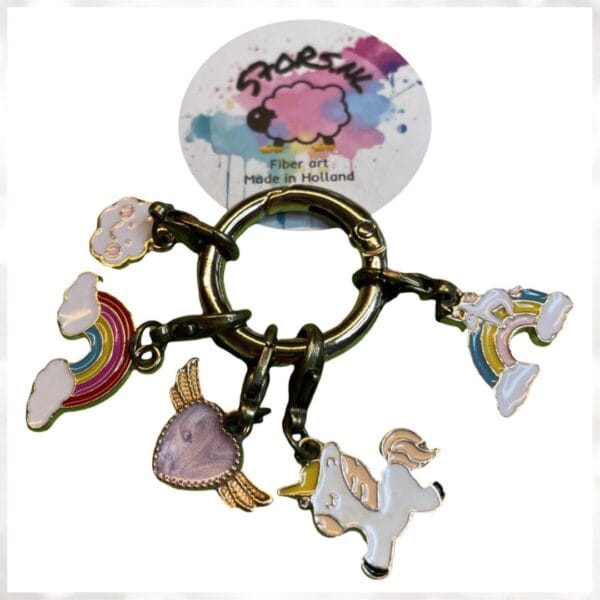 Five metal stitch markers with colorful enamel decorations.
