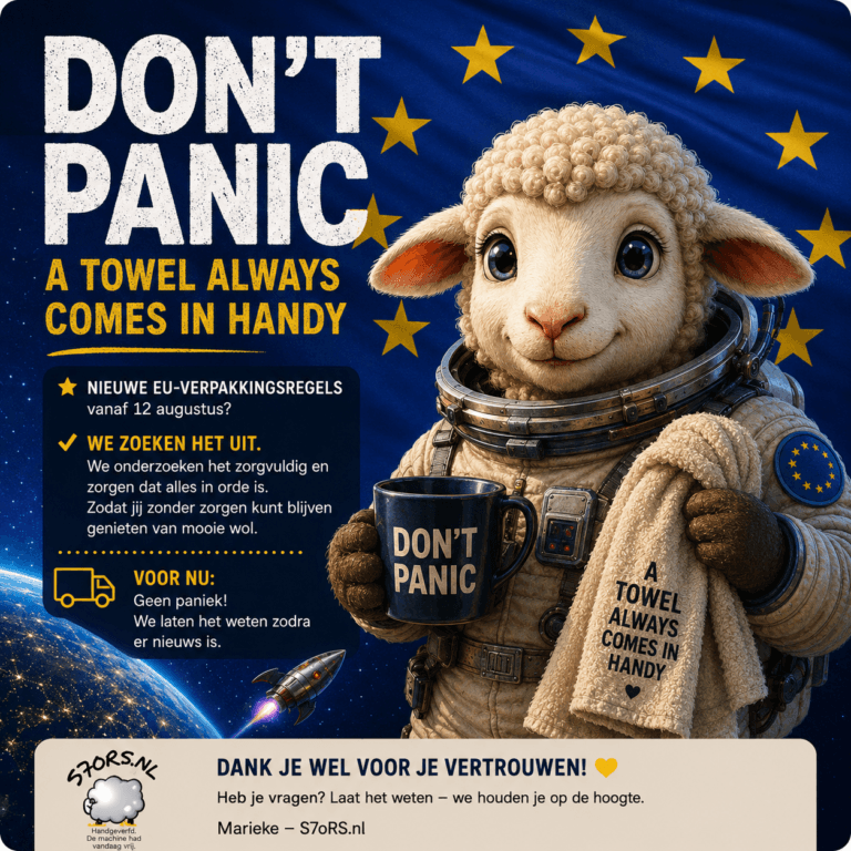 Illustratie van Schaap als astronaut voor een EU-vlag, met de tekst ‘Don’t Panic’ en een handdoek.
