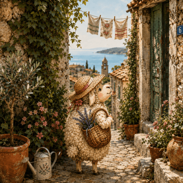 groeten-uit-istrie-yarnclub Illustratie van Schaap in een zonnig Istrisch steegje met strohoed, mandje, lavendel, verweerde groene deur, terracotta en zee op de achtergrond.