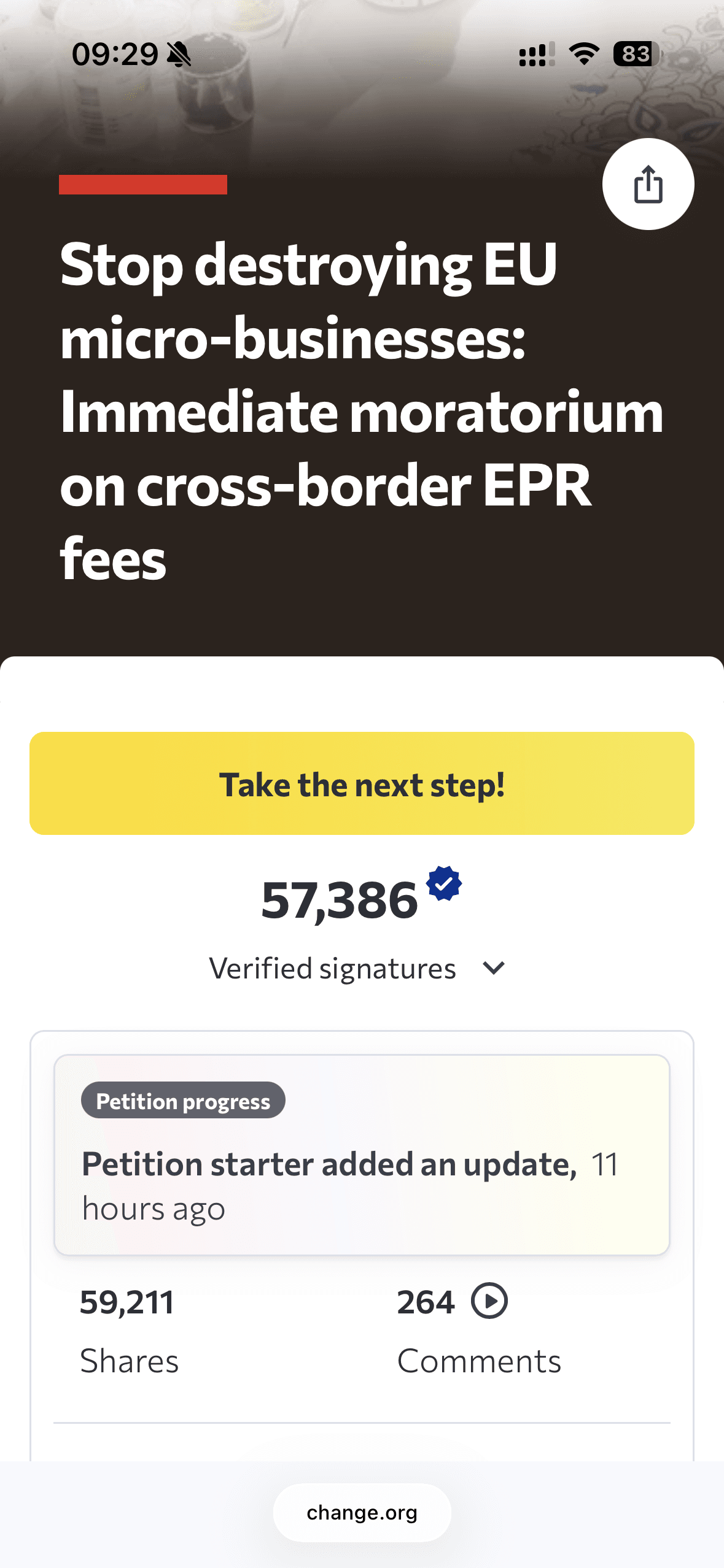 Schermafbeelding van een Change.org-petitie over grensoverschrijdende EPR-kosten voor microbedrijven.