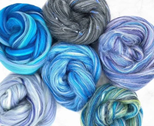 The Moody Blues Collection with six blue spinning fibre blends from World of Wool.