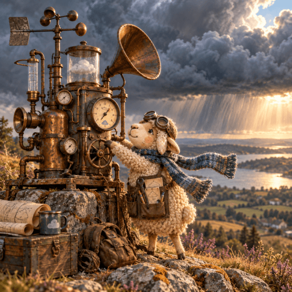 44B12817-839F-49BC-B94C-E205D65D387E.png Schaap bij een koperen steampunk-weermachine op een heuvel, met meters, buizen, glazen reservoirs, stormwolken en licht na de storm.