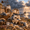 87B8AC20-4803-4781-AB09-D1E0BE769527.png Schaap met spinvezels bij een koperen steampunk-weermachine op een heuvel, met donkere wolken en licht na de storm.