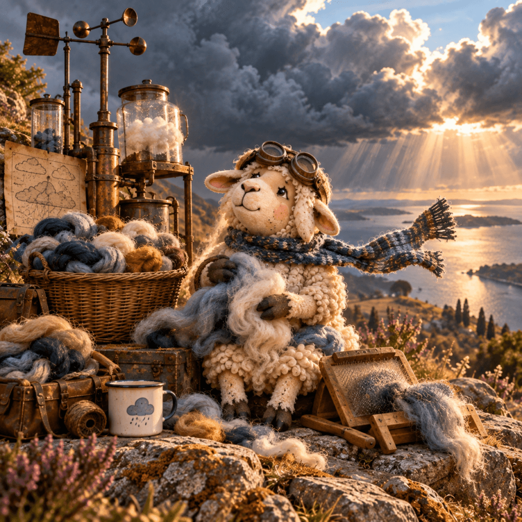Schaap met spinvezels bij een koperen steampunk-weermachine op een heuvel, met donkere wolken en licht na de storm.