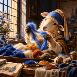 8D1D4C2C-BD18-411A-B03B-27A8FA0D335F.png Aaltje, Schaaps zeventiende-eeuwse voormoeder, die losse blauw-roomkleurige spinvezels onderzoekt bij een raam, met vezels, aardewerk en pigmentkommen op tafel.