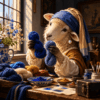 B7040170-4A61-4FEA-BE81-06B317F96A26.png Aaltje, Schaaps zeventiende-eeuwse voormoeder, met blauwe strengen garen aan een tafel bij een raam, met pigmentkommen, aardewerk en wol.