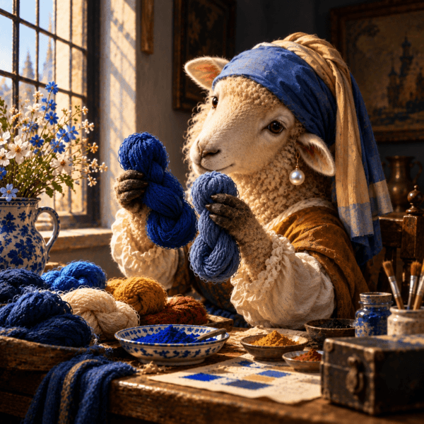 B7040170-4A61-4FEA-BE81-06B317F96A26.png Aaltje, Schaaps zeventiende-eeuwse voormoeder, met blauwe strengen garen aan een tafel bij een raam, met pigmentkommen, aardewerk en wol.